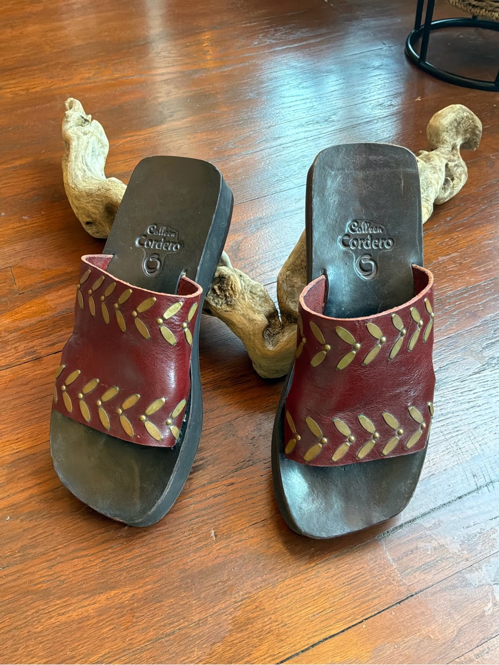 Burgundy Leather Slide Mules with Decorative Leaf Inlay